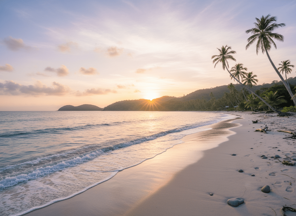 A serene, tranquil beach scene with soft waves, gentle sunlight, and a peaceful atmosphere